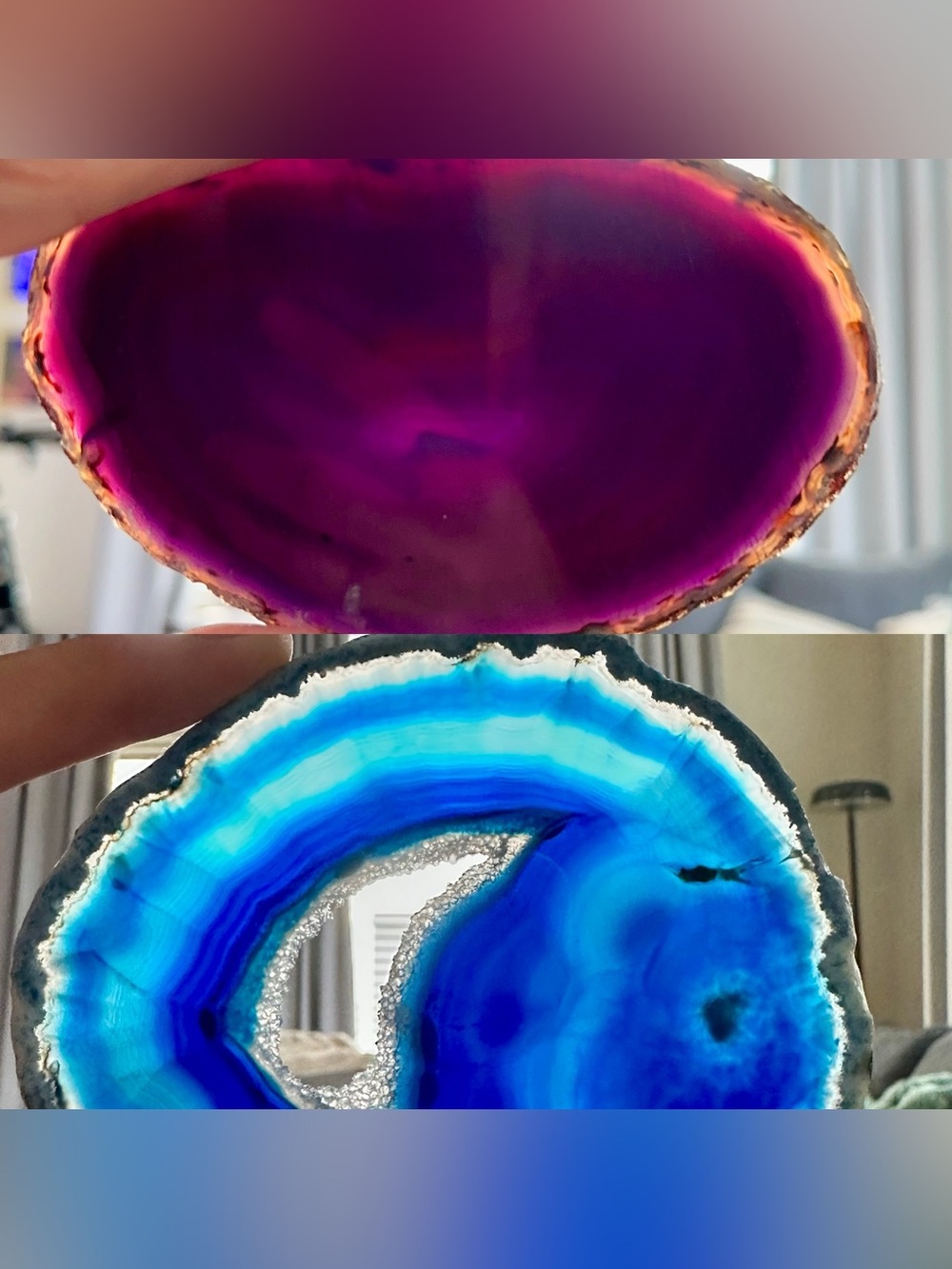 Two Dyed, polished AGATE slices - purple and blue - banded chalcedony quartz